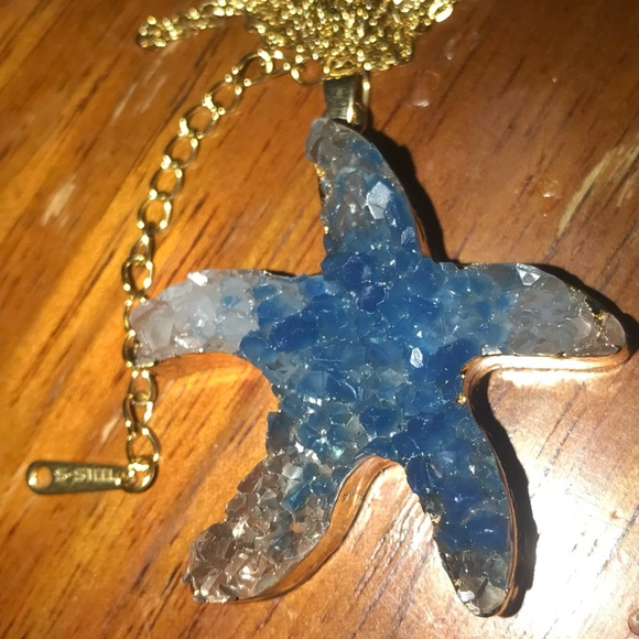 “Blue Druzy Starfish” Gold Dipped Geode Ocean Sea Marine Tropical Steel Necklace - Picture 11 of 16